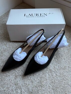 Ralph Lauren Black Lolah Burnished Leather Slingback Pump